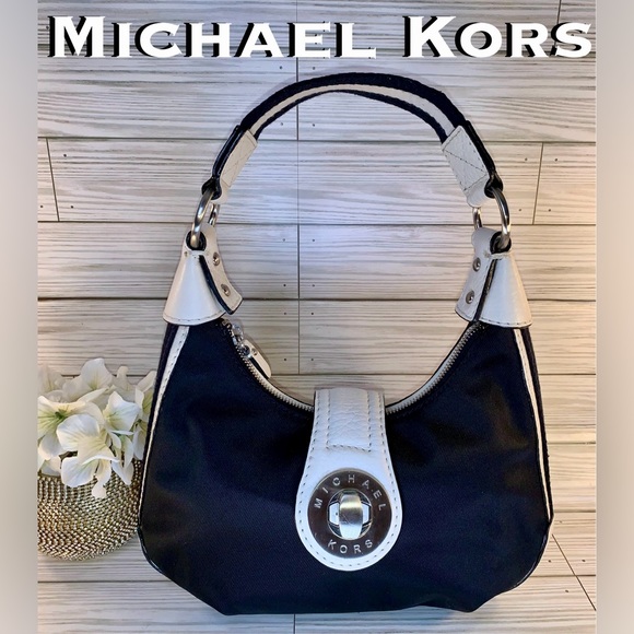 KORS Michael Kors Handbags - Michael Kors Black and Ivory Nylon/Leather w/ Canvas Strap Mini shoulder bag